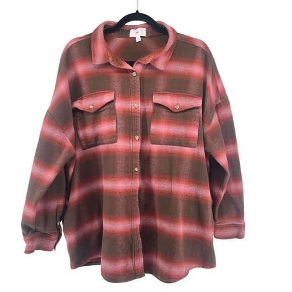 BP. Women’s Pink Brown Plaid Button Front Cotton Flannel Shacket Size 1X - Picture 1 of 12